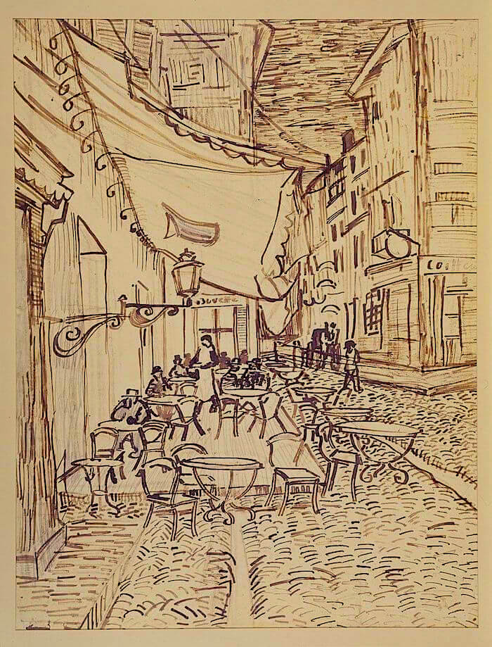 Café Terrace at Night Drawing by Van Gogh