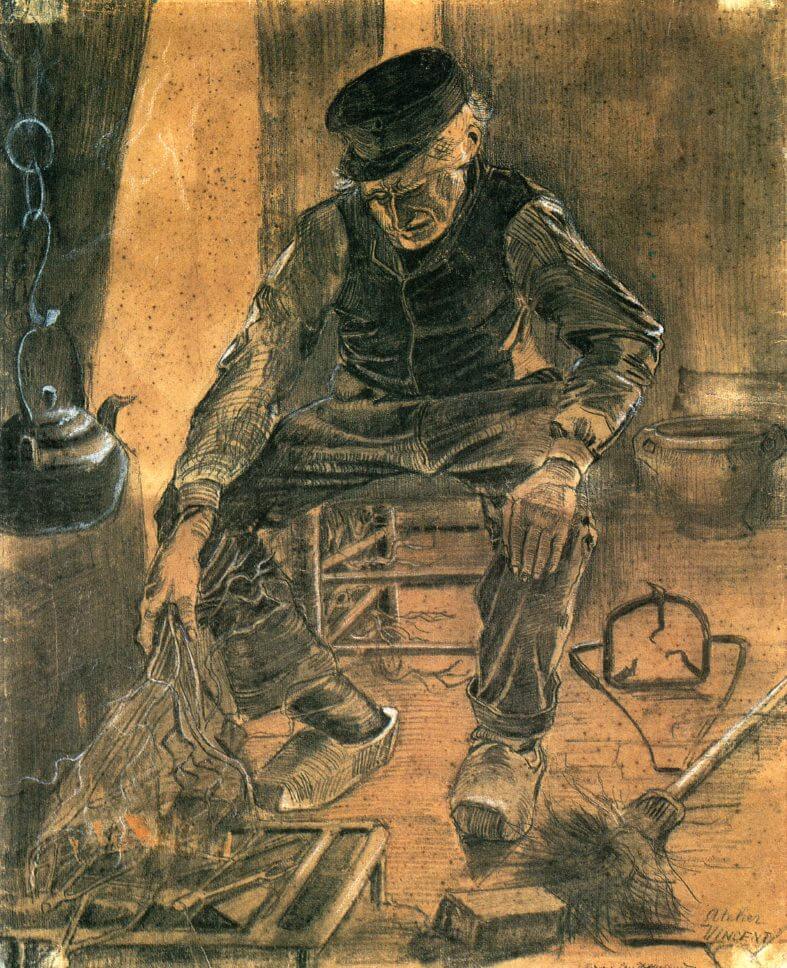 Old Man Putting Dry Twigs on the Fire - by Vincent van Gogh