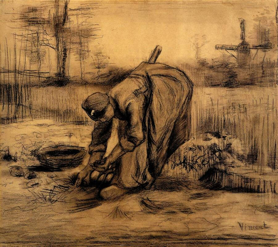 Peasant Woman Lifting Potatoes - by Vincent van Gogh